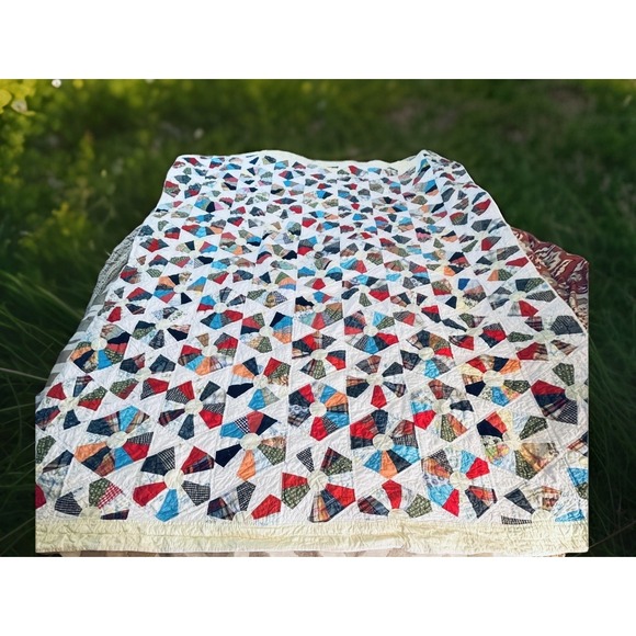READ Handmade Patchwork Quilt 59 X 79 In Multicolor Fan Pattern Country Cotton